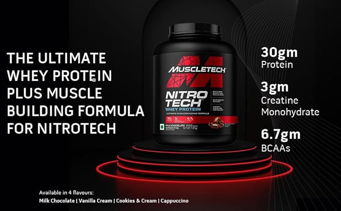 MuscleTech Nitro-Tech Whey Protein, 1.81kg (4lbs), Milk Chocolate, 30g Protein, 3g creatine monohydrate, 6.7g BCAA, ultimate muscle building formula, increase strength & performance