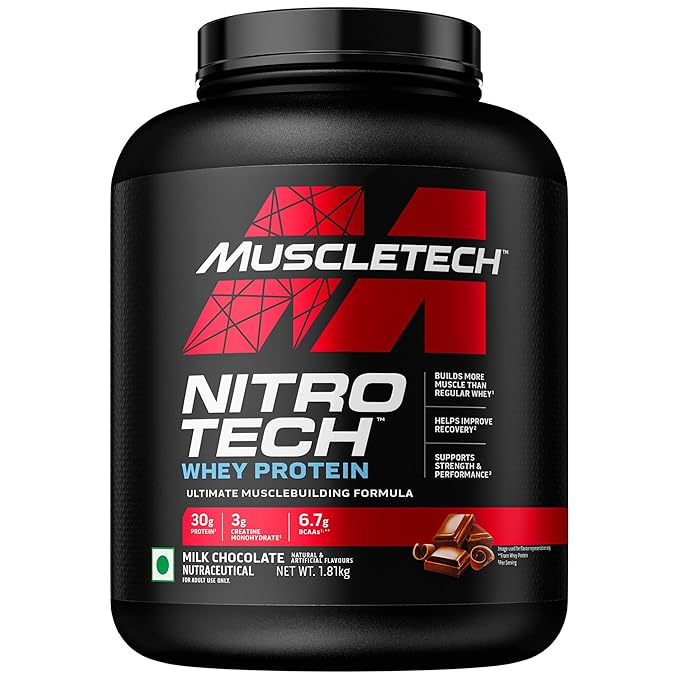 MuscleTech Nitro-Tech Whey Protein, 1.81kg (4lbs), Milk Chocolate, 30g Protein, 3g creatine monohydrate, 6.7g BCAA, ultimate muscle building formula, increase strength & performance
